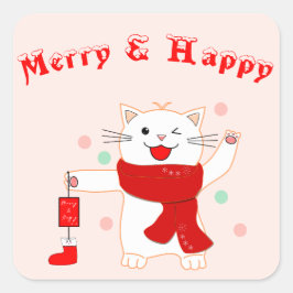 Niedlich Cat Merry & Happy | Niedlicher Weihnachts Quadratischer Aufkleber