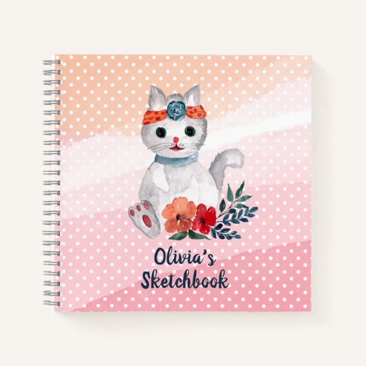 Niedlich Cat Polka Dot Personalisiert Sketchbook Notizblock (Vorderseite)