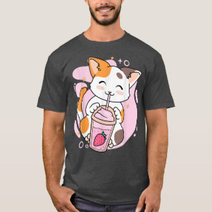 Niedlich Cat Strawberry Milkshake Anime Kawaii Nek T-Shirt