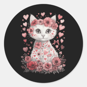 Niedlich Cat Valentinstag Blume Herzklopfen Lover Runder Aufkleber