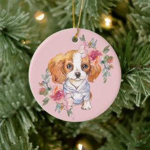 Niedlich Cavalier King Charles Spaniel und Blume Keramik Ornament