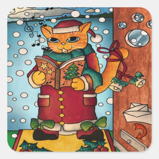 Niedlich Charming Christmas Carol Singer Cat Quadratischer Aufkleber (Vorderseite)