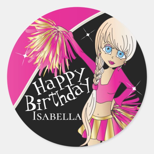 Niedlich Cheerleader Pom Pom Girls | Rosa Runder Aufkleber (Vorderseite)