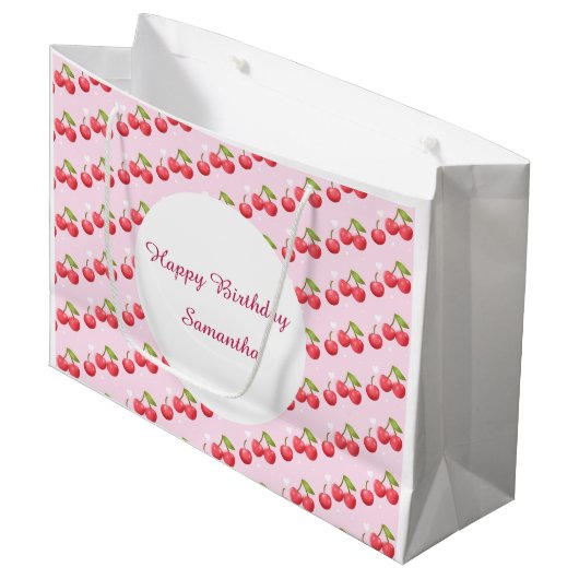 Niedlich Cherry 1. Geburtstag Party Große Geschenktüte (Vorderseite Schrägansicht)
