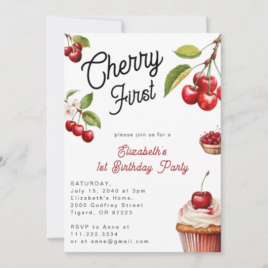 Niedlich Cherry Erster Geburtstag Einladung (Vorderseite)