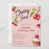 Niedlich Cherry First Girly Birthday Pink Einladung (Vorderseite)