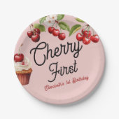 Niedlich Cherry First Girly Birthday Pink Pappteller (Vorderseite)