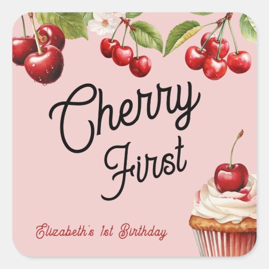 Niedlich Cherry First Girly Birthday Pink Quadratischer Aufkleber (Vorderseite)