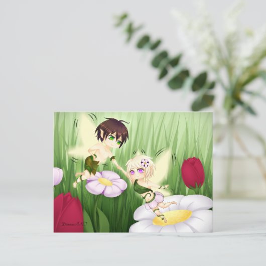Niedlich Chibi Fairy Boy and girl Postkarte (Stehend Vorderseite)