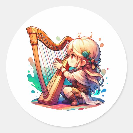 Niedlich Chibi Girl Playing Harl Runder Aufkleber (Vorderseite)