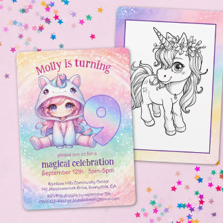 Niedlich Chibi Girl Unicorn 9. Geburtstagsparty Einladung