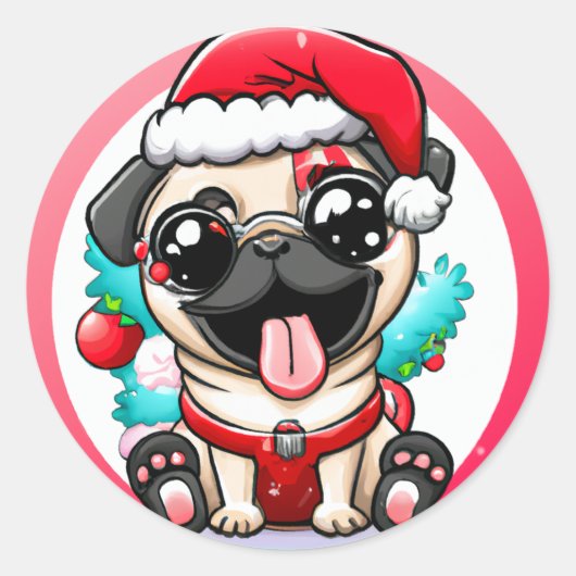 Niedlich Chibi Kawaii Dog Mops Weihnachtssticker Runder Aufkleber (Vorderseite)