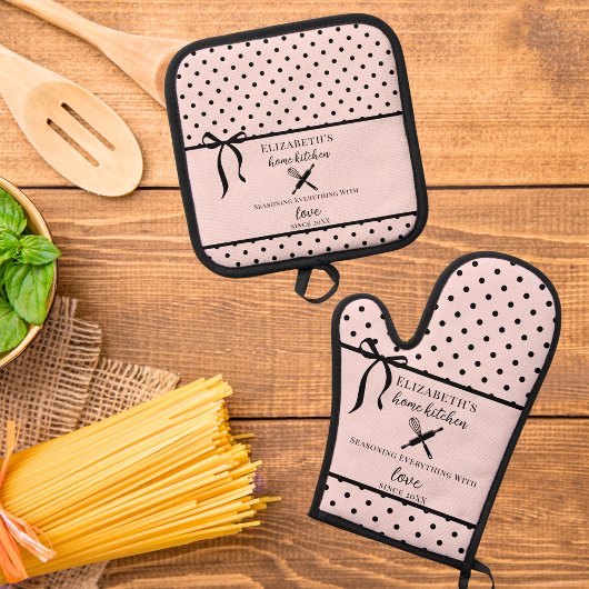 Niedlich Chic Girly Blush Pink und Black Polka Dot Ofenhandschuh & Topflappen-Set