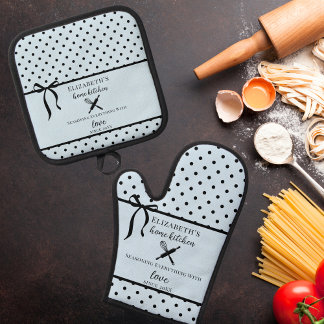 Niedlich Chic Girly Light Blue und Black Polka Dot Ofenhandschuh & Topflappen-Set