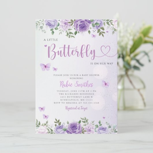 Niedlich Chic Lila Floral Butterfly Girl Babydusch Einladung (Stehend Vorderseite)