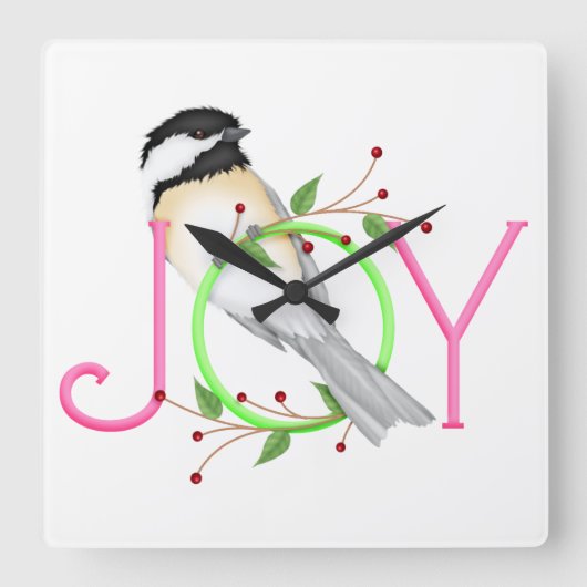 Niedlich Chickadee "Joy" Quadratische Wanduhr (Vorderseite)