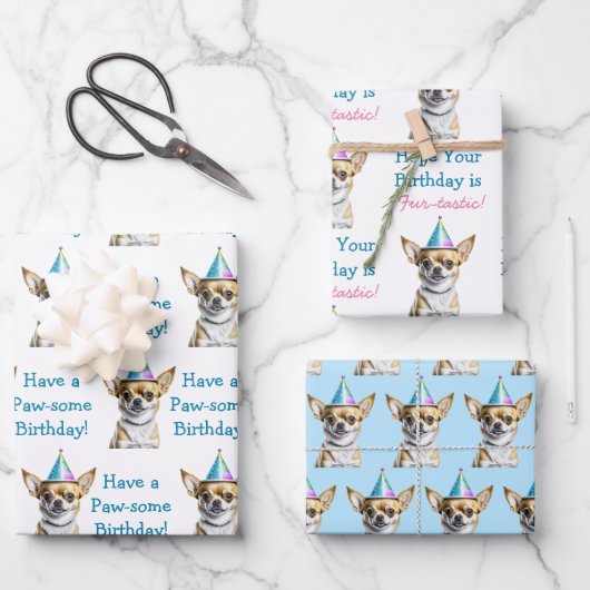 Niedlich Chihuahua in Birthday Hat Geschenkpapier Set (Vorderseite)