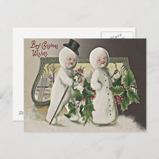 Niedlich Children Snowman Holly Postkarte (Vorne/Hinten)
