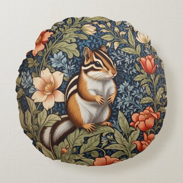 Niedlich Chipmunk William Morris Inspirierte flora Rundes Kissen (Vorderseite)