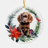 Niedlich Chocolate Cocker Spanisch Puppy Poinsetti Keramik Ornament (Vorne)
