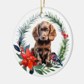 Niedlich Chocolate Cocker Spanisch Puppy Poinsetti Keramik Ornament (Links)