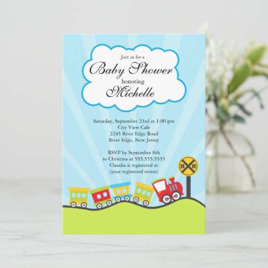 Niedlich Choo Choo Train Kinderdusche Einladung (Stehend Vorderseite)