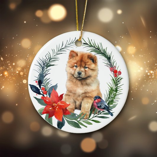 Niedlich Chow Chow Puppy Watercolor Poinsettia Keramik Ornament