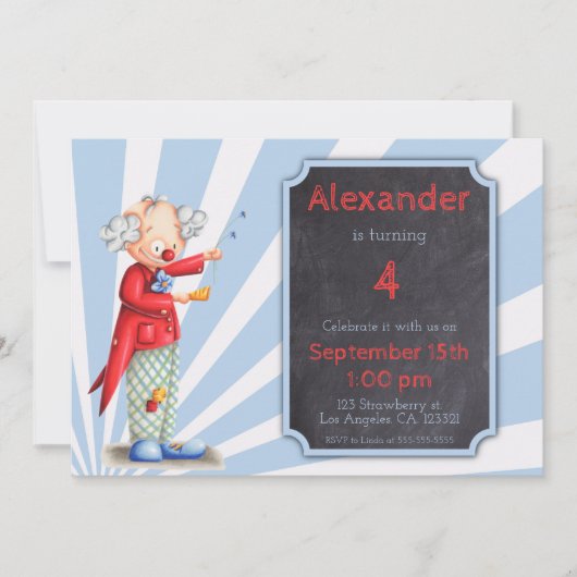 Niedlich Circus Clown Sunburst Geburtstag Einladung (Vorderseite)