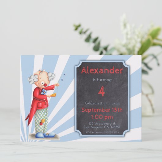 Niedlich Circus Clown Sunburst Geburtstag Einladung (Stehend Vorderseite)