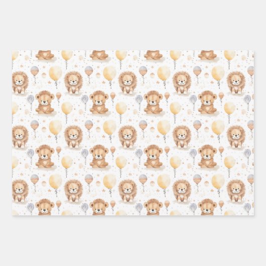Niedlich Circus Lions Balloons Pattern Baby Dusche Geschenkpapier Set (Vorderseite 2)