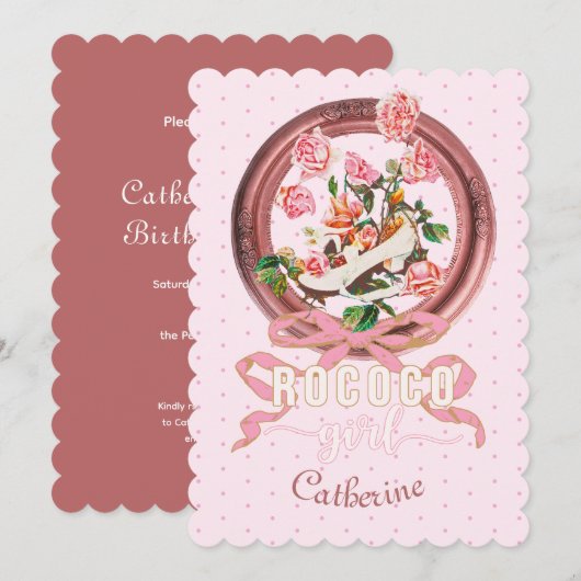 Niedlich Classic Pink Rokoko Girl Rose Bow Shoe Einladung (Vorne/Hinten)