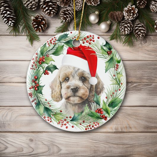 Niedlich Cockapoo Welppy Holly Wreath Weihnachten Keramik Ornament