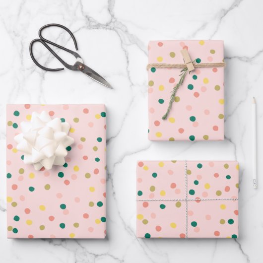 Niedlich Confetti Polka Dots Muster Rosa Grün Geschenkpapier Set (Vorderseite)