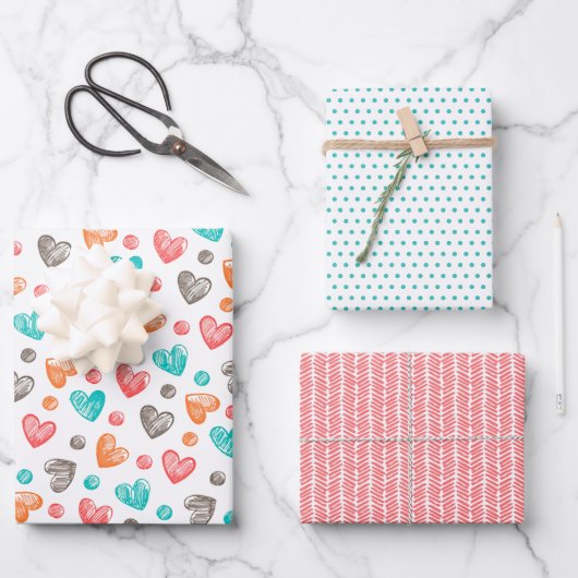 Niedlich Coral Red Pink Aqua Geschenkpapier Set (Vorderseite)