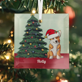 Niedlich Corgi in der Weihnachtsmannmütze Personal Ornament Aus Glas