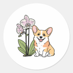 Niedlich Corgi mit Orchidea Runder Aufkleber