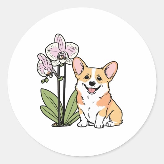Niedlich Corgi mit Orchidea Runder Aufkleber (Vorderseite)