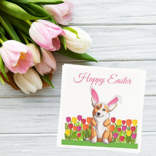 Niedlich Corgi Ostergeblasen Tulip Blume Party Serviette