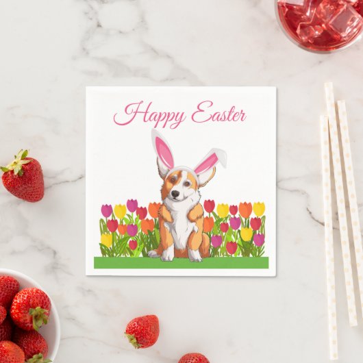 Niedlich Corgi Ostergeblasen Tulip Blume Party Serviette (Beispiel)