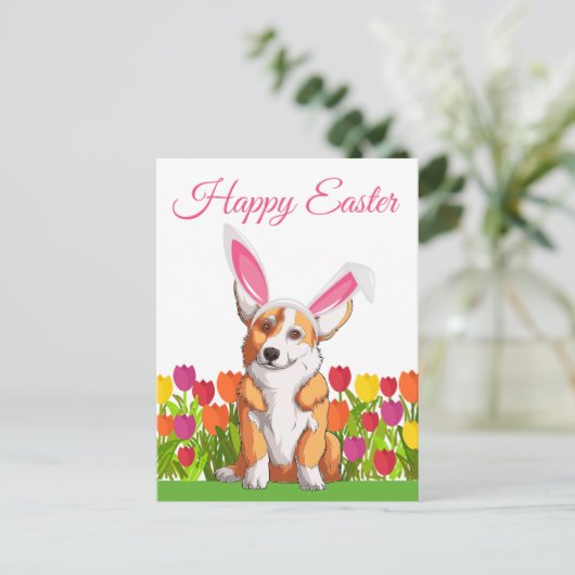 Niedlich Corgi Ostergebliebene Ohren Tulip Blume Postkarte (Stehend Vorderseite)