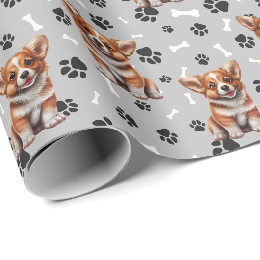 Niedlich Corgi Puppy Paw Prints Jeden Anlaß Geschenkpapier (Rolleneckpunkt)