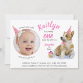 Niedlich Corgi 🐶 Puppy Pink Foto Erster Geburtsta Einladung (Vorderseite)