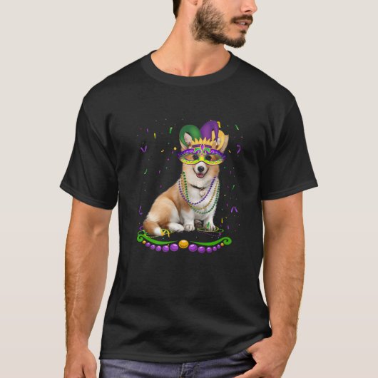 Niedlich Corgi Travelli Mask Mardi Gras Dogs L T-Shirt (Vorderseite)