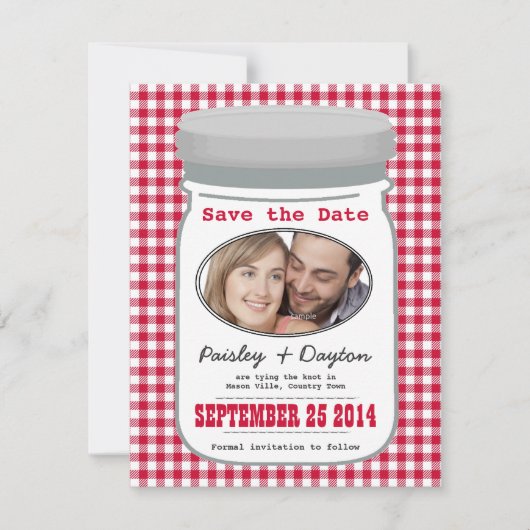 Niedlich Country Gingham Mason Jar Save the Date (Vorderseite)
