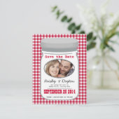 Niedlich Country Gingham Mason Jar Save the Date (Stehend Vorderseite)