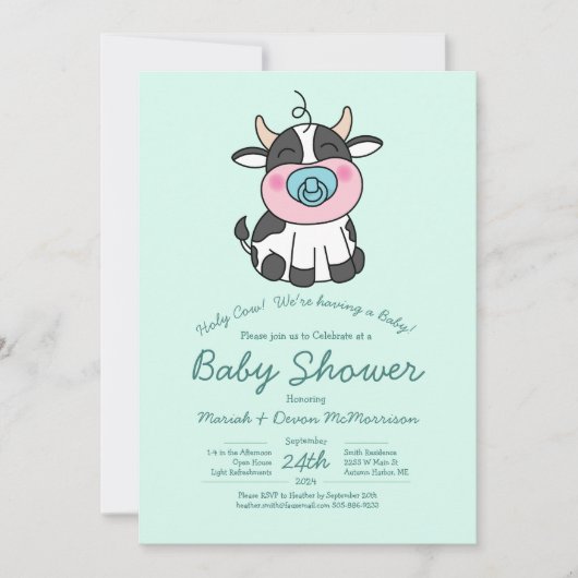 Niedlich Cow Baby Shower Kawaii Blue Boy Einladung (Vorderseite)