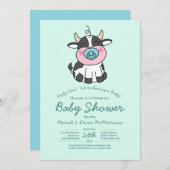 Niedlich Cow Baby Shower Kawaii Blue Boy Einladung (Vorne/Hinten)
