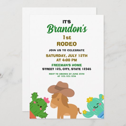 Niedlich Cowboy 1. Rodeo Kaktus Geburtstag Einladung (Vorne/Hinten)