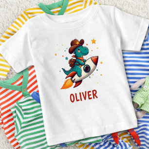Niedlich Cowboy Dinosaur Riding Space Rocket Baby T-shirt