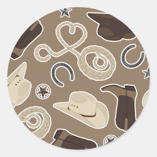 Niedlich Cowboy Theme Pattern Brown Runder Aufkleber (Vorderseite)
